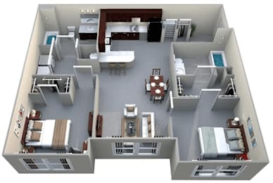 A 3D floor plan of a house with multiple rooms and furniture.