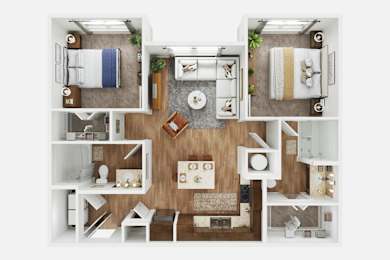 A top-down view of a well-organized bedroom, kitchen, and living room.
