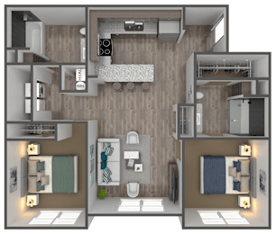 A 3D floor plan of a small apartment with two bedrooms, a living room, and a kitchen.