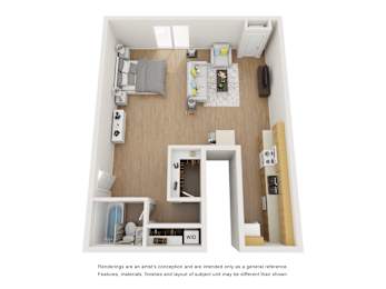 a stylized floor plan with a bedroom and a living room