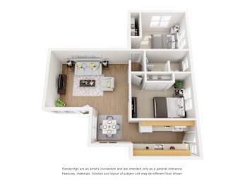 A white floor plan of a small apartment with a kitchen, living room, and bedroom.