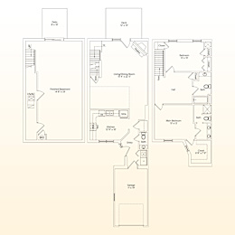A floor plan of a house with a garage, main floor, and a second floor.