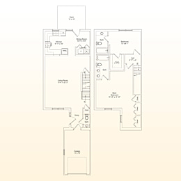 A floor plan of a house with a deck, two bathrooms, a laundry room, a living room, a dining room, a kitchen, a garage, and a main room.