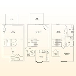A floor plan of a house with a living room, two bedrooms, a bathroom, a laundry area, and a patio.
