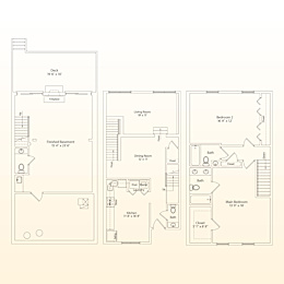 A floor plan of a house with a deck, living room, dining room, kitchen, and two bathrooms.