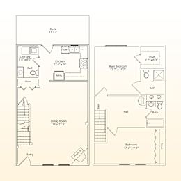 A floor plan of a two-story house with a living room, kitchen, two bedrooms, and a bathroom.