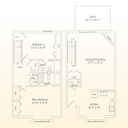 A floor plan of a house with a deck, two bedrooms, a living/dining area, a kitchen, and a main bathroom.
