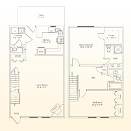 A floor plan of a small apartment with a living room, kitchen, bathroom, and two bedrooms.