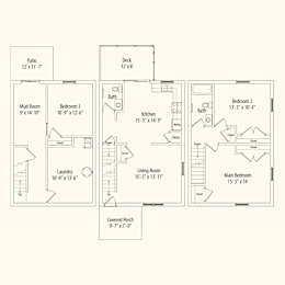 A floor plan of a house with labeled rooms and dimensions.