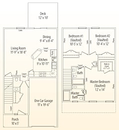 A floor plan of a house with a living room, kitchen, two bedrooms, a bathroom, a porch, and a garage.