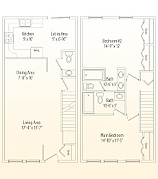 A floor plan of a small apartment with a living area, dining area, kitchen, and two bedrooms.