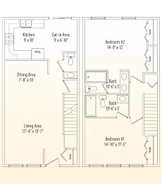 A floor plan of a small apartment with a living area, dining area, kitchen, and two bedrooms.