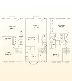 A floor plan of a house with labeled rooms and dimensions.