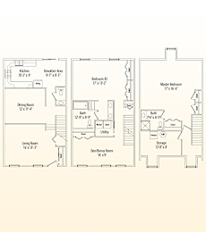 A floor plan of a house with a kitchen, breakfast area, dining room, living room, den/bonus room, two bedrooms, bathroom, and storage.