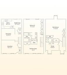 A floor plan of a house with labeled rooms and dimensions.