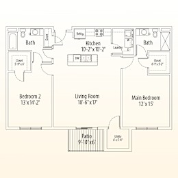 A floor plan of a home with three bedrooms, a living room, a kitchen, two bathrooms, a pantry, and a utility space.