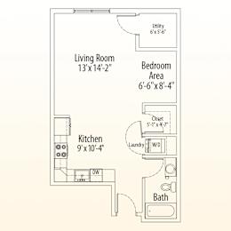 A floor plan of a small apartment with a living room, kitchen, bedroom area, and bathroom.