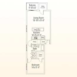 A floor plan of a home showing a living room, kitchen, pantry, bathroom and bedroom.