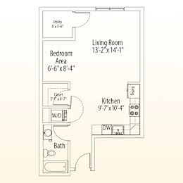 A floor plan of a small apartment with a living room, bedroom, kitchen, and bathroom.
