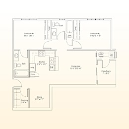 A floor plan of a house with two bedrooms, a living area, a kitchen, a dining area, a laundry room, and a patio/porch.