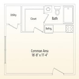 A floor plan of a small apartment with a utility, closet, bath, and refrigerator.