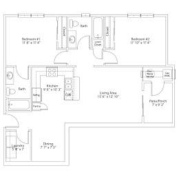A floor plan of a house with two bedrooms, a living area, a kitchen, a dining area, a laundry room, a pantry, a bathroom, a closet, and a patio/porch.