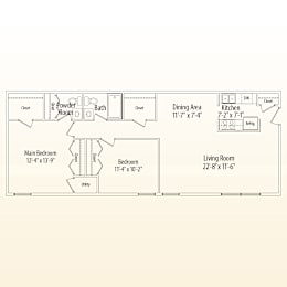 A floor plan of a small apartment with a living room, dining area, kitchen, bathroom, powder room, and two bedrooms.
