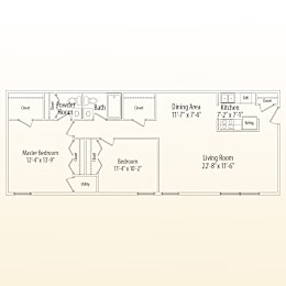 A floor plan of a home with a master bedroom, living room, dining area, kitchen, powder room, and bath.