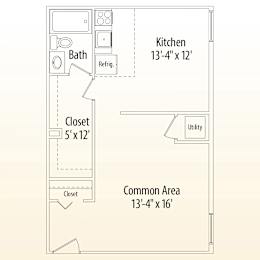 A floor plan of a kitchen with a bath and closets.