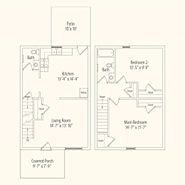 A floor plan of a house with a patio, kitchen, living room, and two bedrooms.