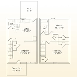 A floor plan of a house with a patio, two bedrooms, a living room, a kitchen, and a covered porch.