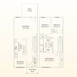 A drawing of a house layout with labeled rooms and dimensions.