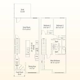 A floor plan of a house with a deck, two bedrooms, a great room, a dining area, a front porch, and a bathroom.
