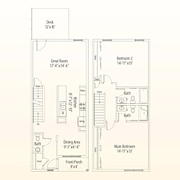 A floor plan of a house with a deck, two bedrooms, a great room, a dining area, a kitchen, and a front porch.