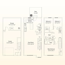 A floor plan of a house with a garage, two bedrooms, a kitchen, a bathroom, and a patio.
