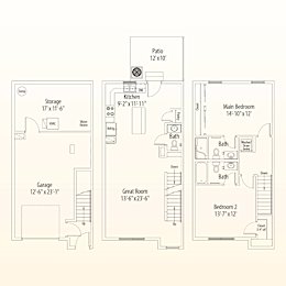 A floor plan of a house with a garage, kitchen, and two bathrooms.