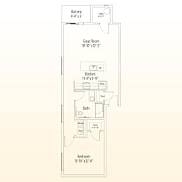 A floor plan of a home with a balcony, great room, kitchen, bath, and bedroom.