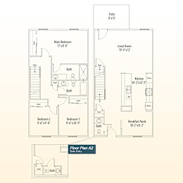 A floor plan of a two-bedroom apartment with a kitchen, bathroom, and breakfast nook.