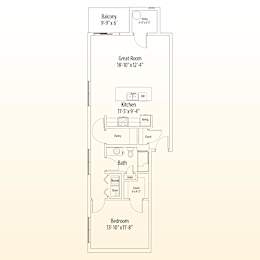A floor plan of a house showing the layout of the kitchen, bathroom, and bedroom.
