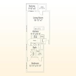 A floor plan of a small apartment with a living room, kitchen, bath, and bedroom.