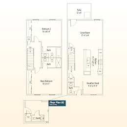 A floor plan of a house with a patio, two bedrooms, a great room, a breakfast nook, and a bathroom.
