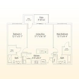 A floor plan of a house with a living area, two bedrooms, a kitchen, a bathroom, a laundry area, and a patio.