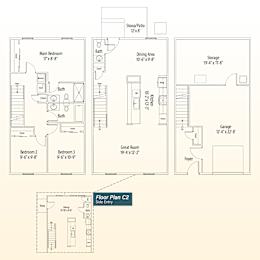 A set of four floor plans for a house with a stoop/patio, main bedroom, dining area, storage, garage, and two additional bedrooms.
