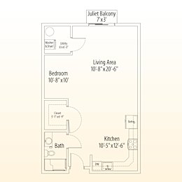 A floor plan of a Juliet balcony apartment with a living area, bedroom, bathroom, kitchen and closet.