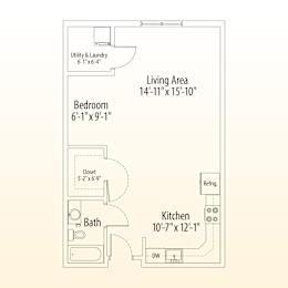 A floor plan of a small apartment with a bedroom, bathroom, kitchen, and living area.