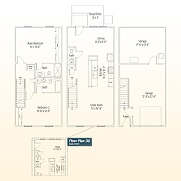 A set of house plans showing a main bedroom, a bathroom, a dining area, a storage space, a second bedroom, a garage, and a foyer.