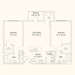 A floor plan of a home with three bedrooms, a great room, a laundry room, and a kitchen.