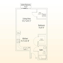 A floor plan of a Juliet Balcony apartment with a living area, kitchen, bath, and bedroom.