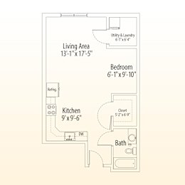 A floor plan of a small apartment with a living area, bedroom, kitchen, and bathroom.