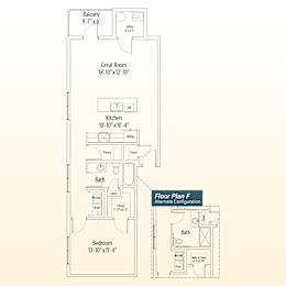 A floor plan of a home with a balcony, great room, kitchen, bath, and bedroom.